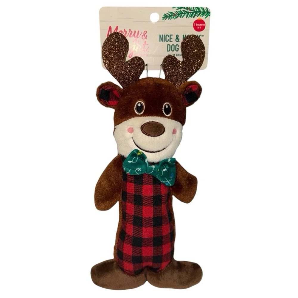 Merry‎ and Bright Nice Noisy REINDEER Dog Toy Squeaky Thrash Plush Toss Shake